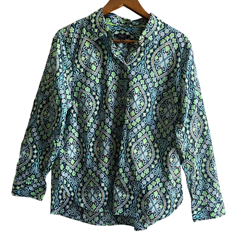 Talbots Button Down Shirt Women LP Blue Green Medallion Paisley Preppy Boho